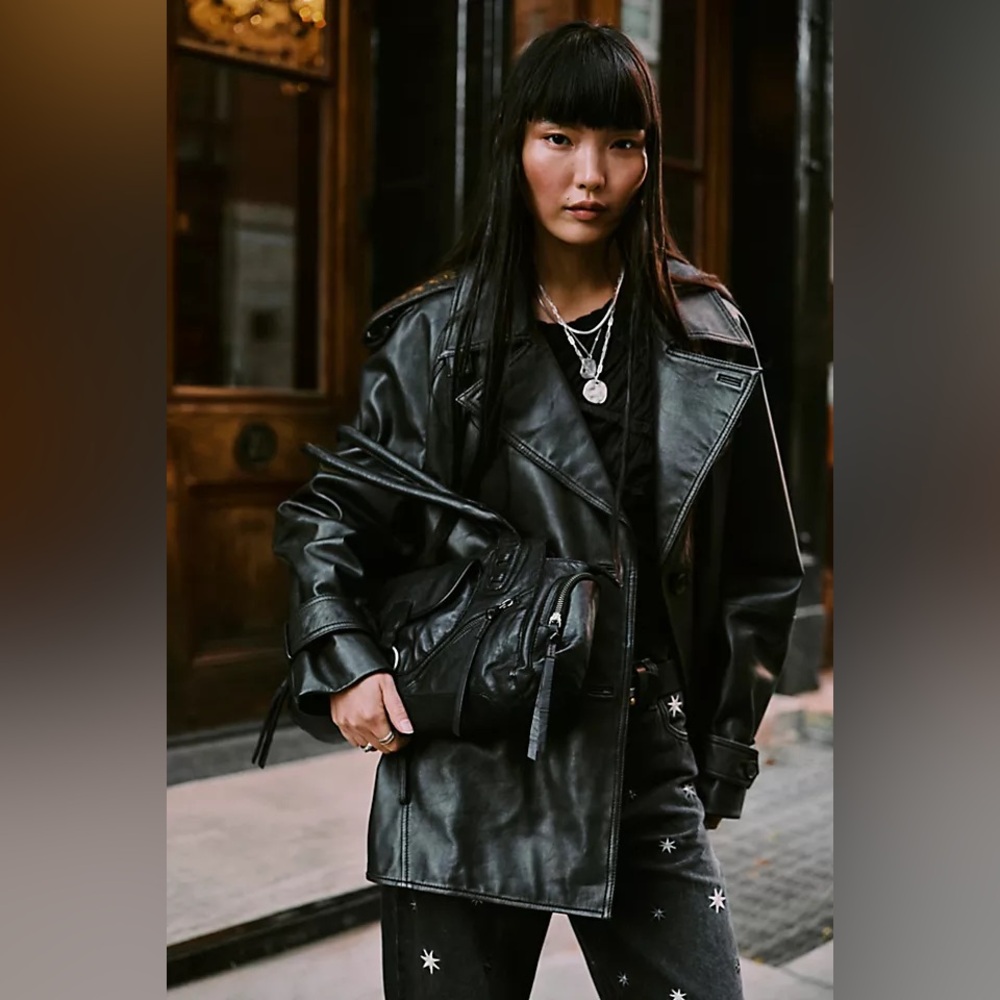 Free People We The Free Dark And Stormy Leather Trench Black - Picture 2 of 7
